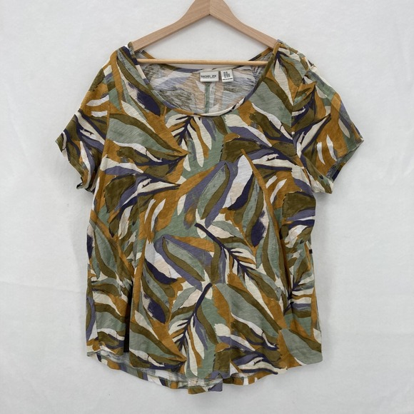 Rachel Zoe Shirt Womens 2X Multi Color Leaf Print Short Sleeve Lightweight Fall - Picture 1 of 11